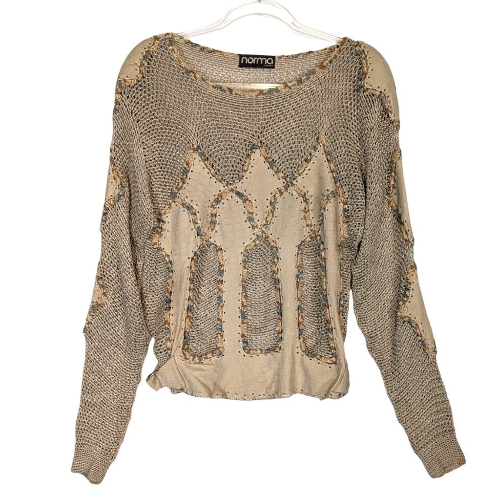 Vintage 80's Norma Canada Crochet & Leather Patch Sweater Sheer Tan SEE Measure
